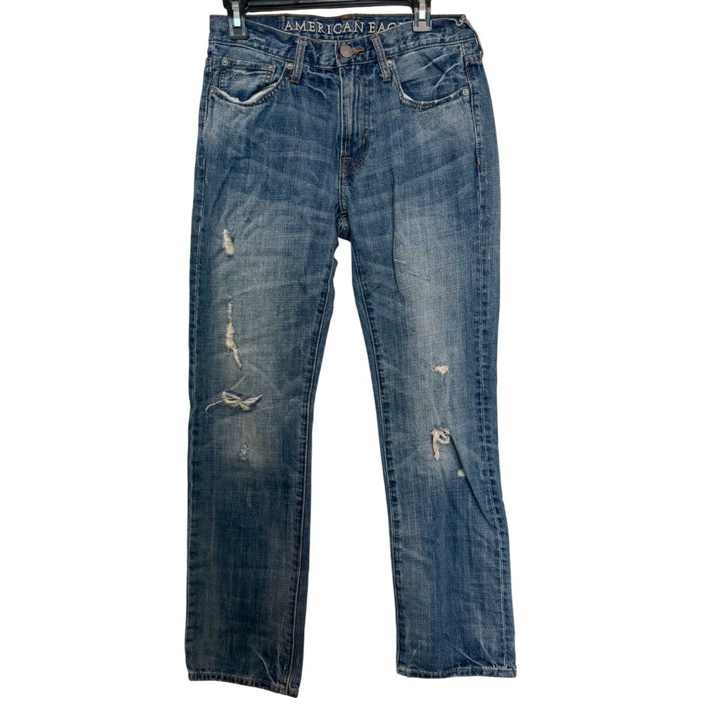 American Eagle Mens Original Straight Jeans 29x32 Distressed Blue Denim Pre-Owne